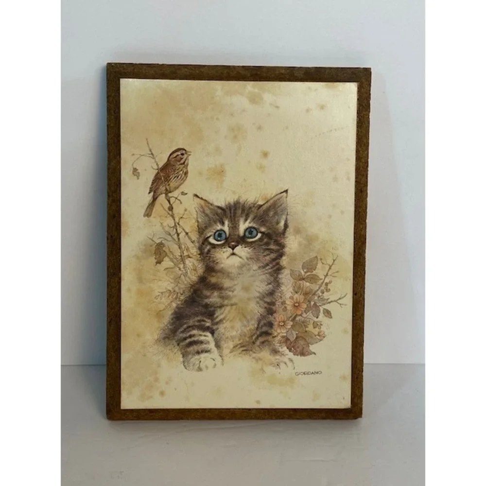 Vintage 1981 Giordano Art Ltd Kitten and Bird Wall Plaque CM Paula Co 5x7